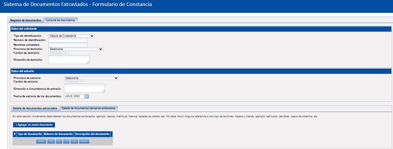 Reporte de la pérdida de documentos en línea